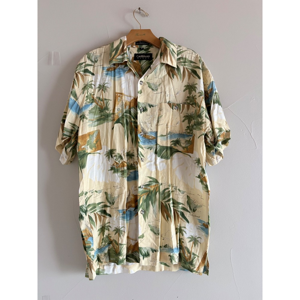 Caribbean Blues Mens Medium Hawaiian Shirt Rayon Tropical Island Map Palm Tree